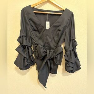 White House Black Market Black Ruffle Sleeve Wrap Blouse